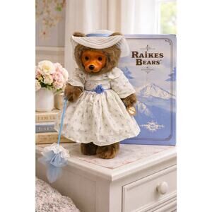 Vintage Raikes Bear Robert Raikes Wood Face Girl Dress Hat Umbrella Box